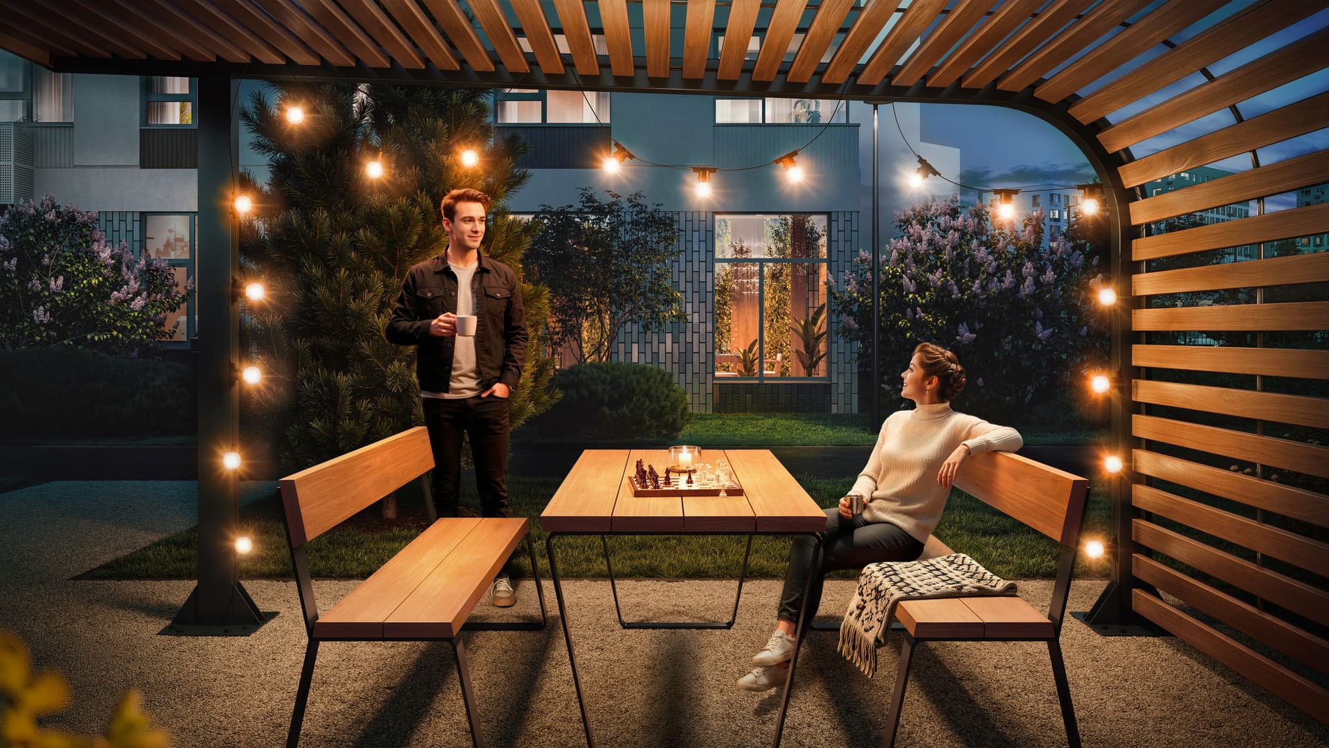 Перголы с мягким светом и релакс-зоны во дворе